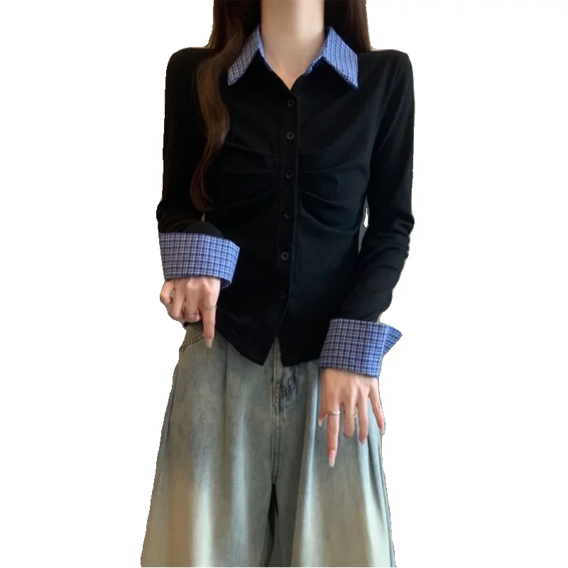 Slim Fit Long Sve irt femmes grande taille taille cintré couche de Base haut printemps nouveau Sle Plaid Patchwork décontracté Faion