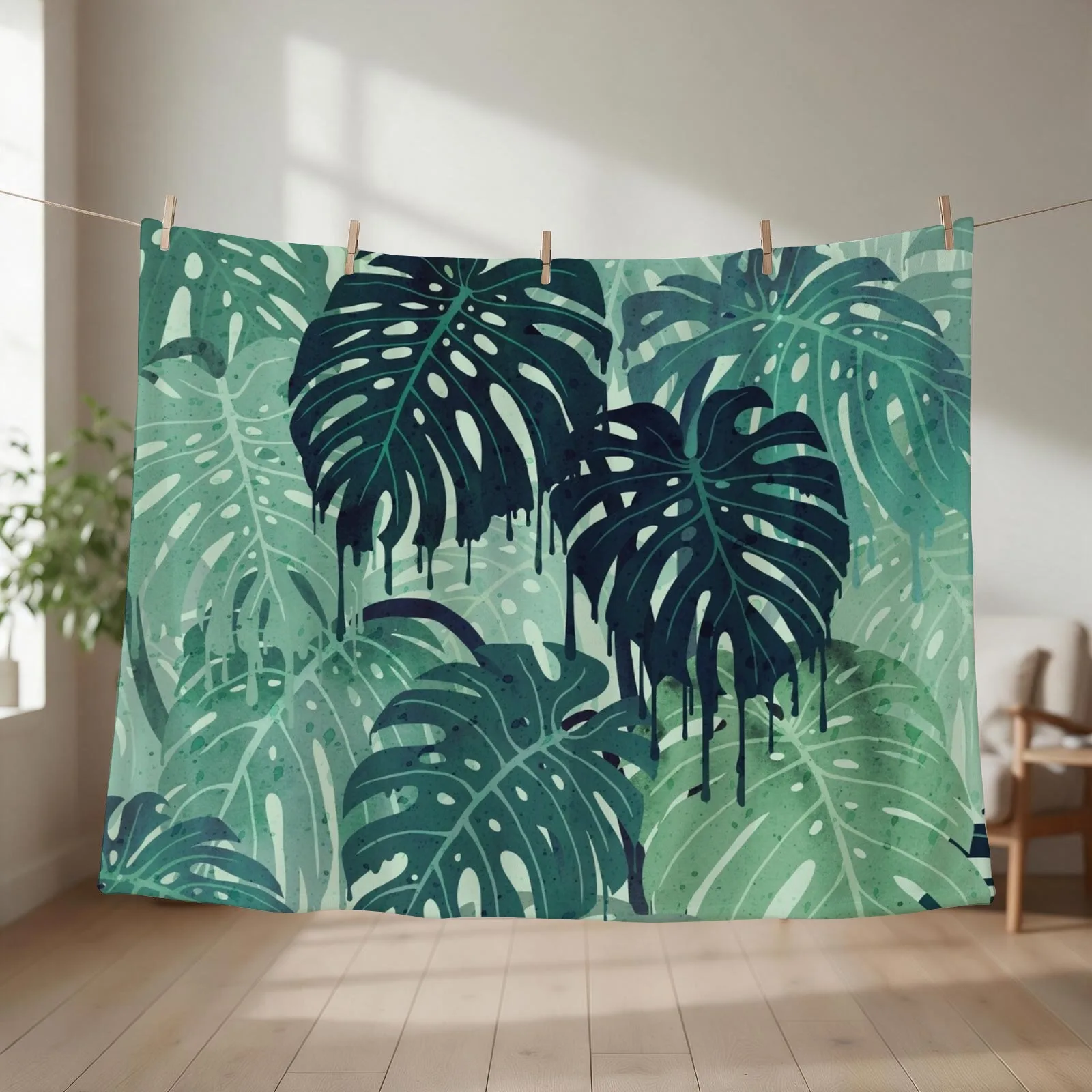 Monstera Melt (in Green) Throw Blanket couch cozy soft plush fuzzy picnic outdoor blanket