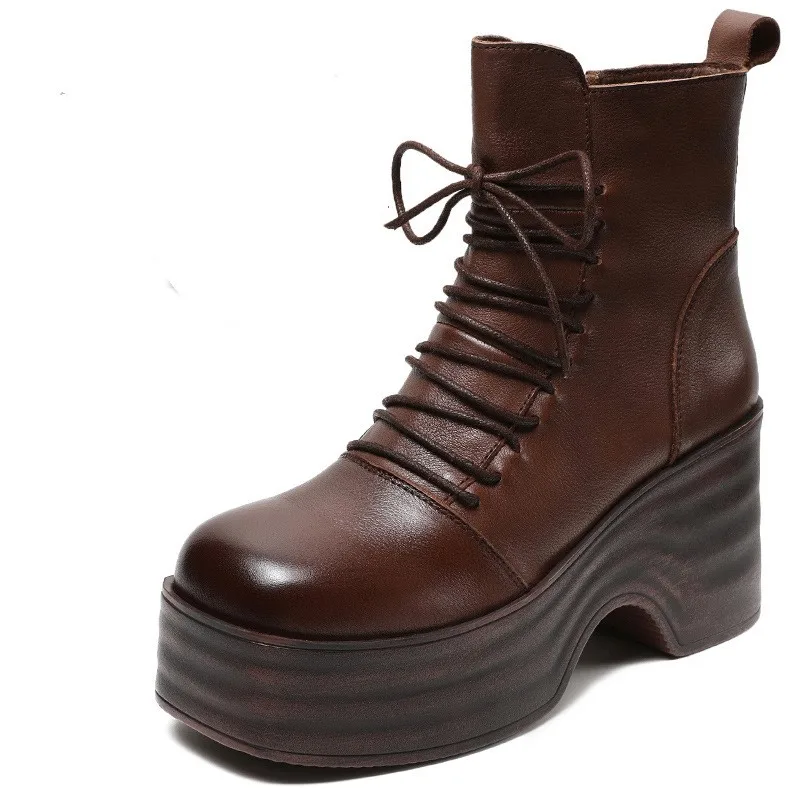 

Handmade Retro Chunky Platform Ankle Boots Women Genuine Cow Leather Wide Head Thick High Heel Height Increasing Boots