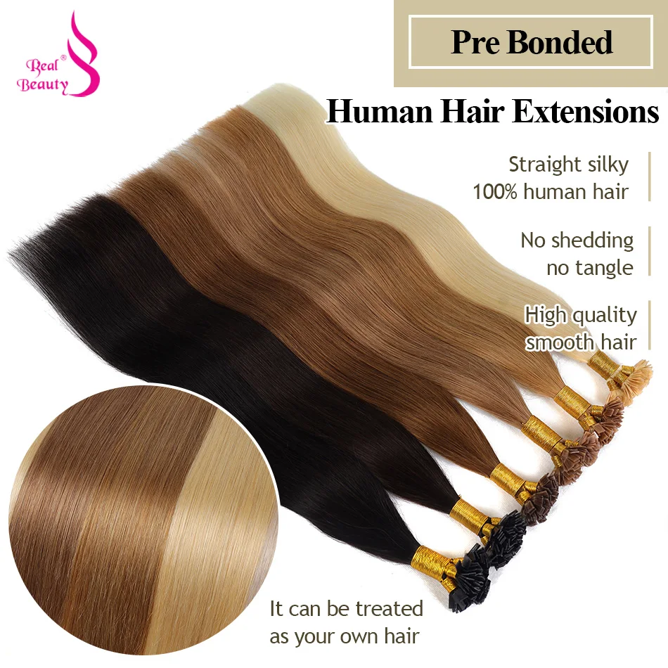 Real Beauty Straight Keratin Human Fusion Hair Nail Flat Tip Machine Made Remy Pre Bonded Natural Human Hair Extensions