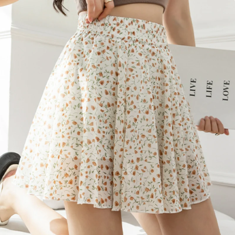 2023 New Summer Fashion Trend High Waisted Floral Loose Casual Minimalist with Safety Pants Anti Glare Women\'s A-line Skirt