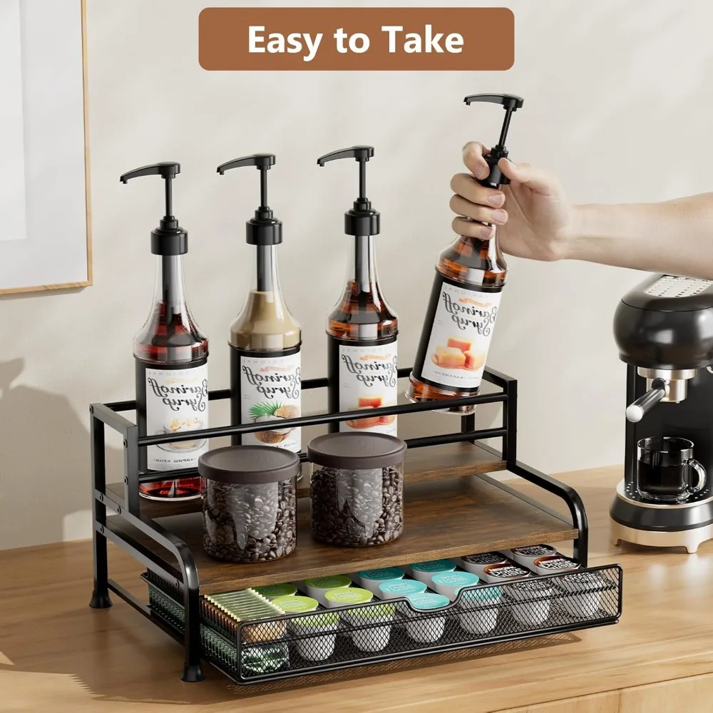 3-Tier Coffee Syrup Rack with Pull-Out Drawer for 8 Bottles and 35 K-Cups, Space-Saving Kitchen Organizer