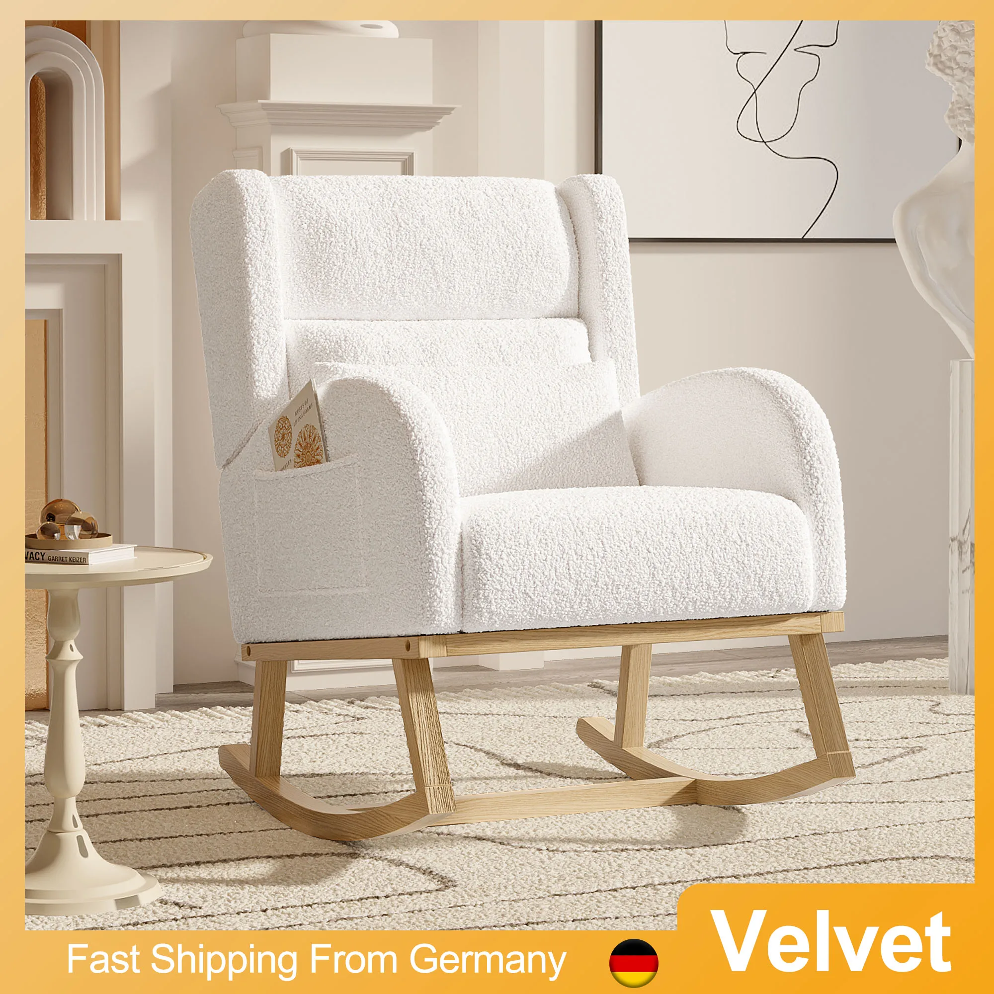 Rocking Chair with Waist Support and 2 Pocket, White Velvet, Relaxing Chair, Reading Chair for Balcony, Living Room 89x65x92cm