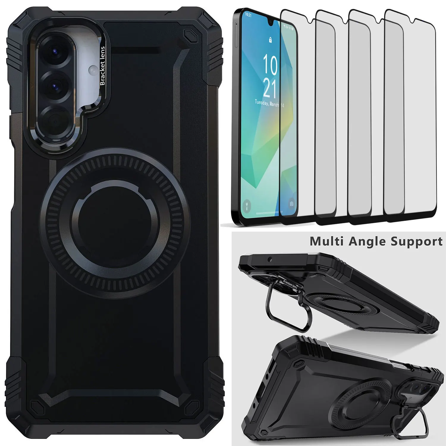 

Противоударный прочный чехол-бампер, чехол-подставка для объектива камеры + 4 шт., прозрачное закаленное стекло, защитная пленка для экрана для Samsung, Galaxy A26