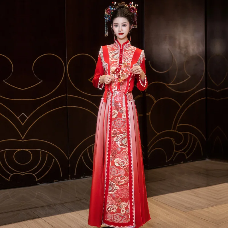 My Mei Er Xiuhe Clothing 2024 New Bride Chinese Wedding Dress and Gown Heavy Industry Toast for Women