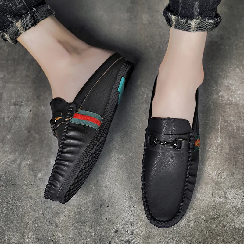 

Summer Breathable Shoes Men Fashion Leather Half Shoes Slip on Moccasins Casual Italian Style Luxury Brand Half Loafers