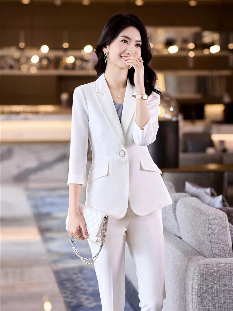 Women\'s Office Suit Fashion Blazer Pantsuit Simple Solid Color 2024 Spring Summer Half Sleeve Top + Trousers 2 Piece Set Blazer