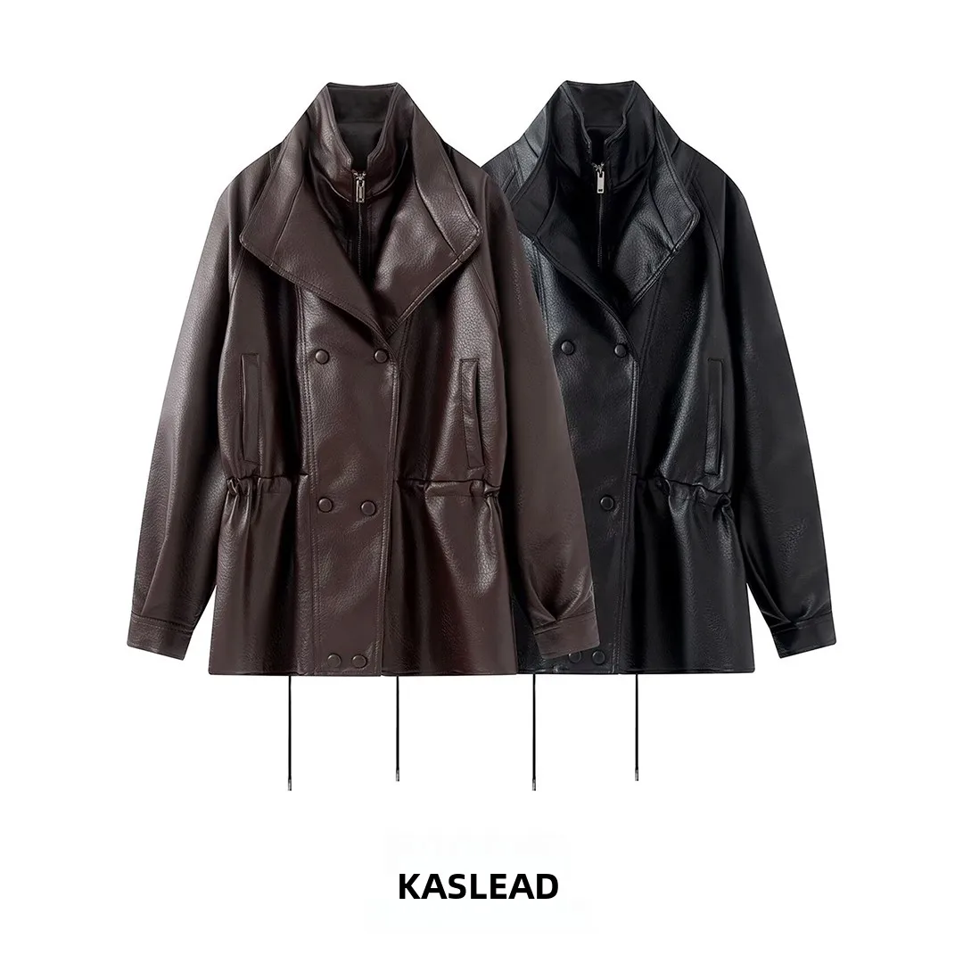 KASLEAD Women's PU Leather Jacket Double Layer Stand Collar Gathered Waist Mid-Length Double Row Buttoning Fashionable Outerwear
