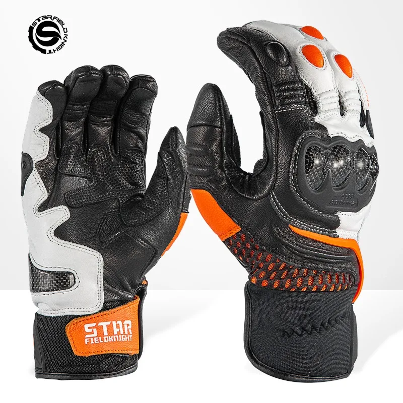 Goatskin Leather Motorcycle Gloves for Men and Women, Carbon Fiber Knuckle Protection, Touchscreen Anti-Slip Riding Gloves