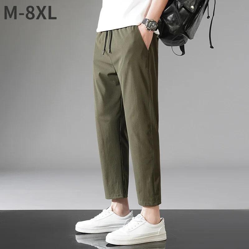 M-8XL الصيف الحرير الجليد المحاصيل السراويل الرجال أربعة جوانب مطاطا طبعة عادية العصرية فضفاضة وسريعة التجفيف الرياضة السراويل المحاصيل الكبيرة