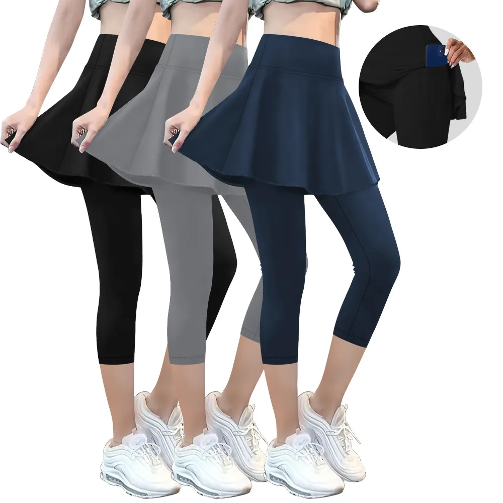 سروال نسائي أوروبي أمريكي مزيف مكون من قطعتين 7/8 سكورت - خصر عالي مع جيب من حرير الحليب كاجوال للتمرين لملابس خارجية #1