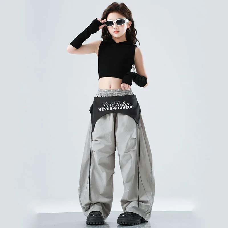 

Kid Kpop Hip Hop Clothing Black Hoodie Crop Tank Top Gray Casual Belt Wide Leg Parachute Pants for Girl Dance Costumes Clothes