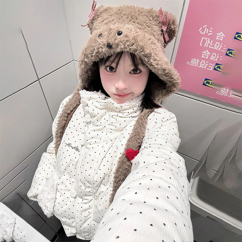 Y2K women clothing Subculture Polka Dot Printed Cotton-padded Jacket New Fluff Collar Design Kawaii Coats Loose Casual Coat