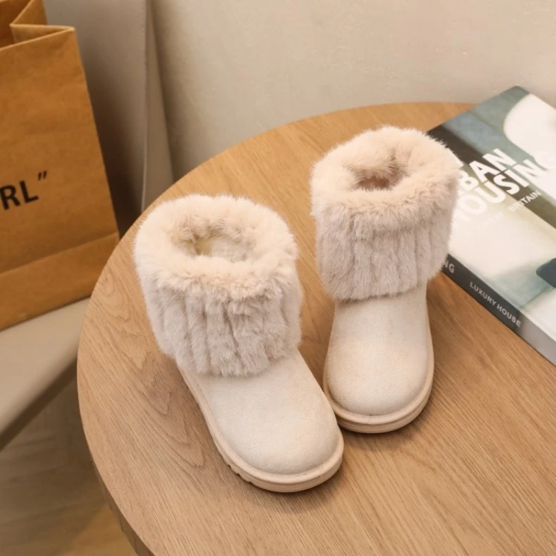 

2025 зимние классические детские меховые зимние сапоги, бежевые уличные модные хлопковые ботильоны для девочек, теплые мягкие детские повседневные ботильоны