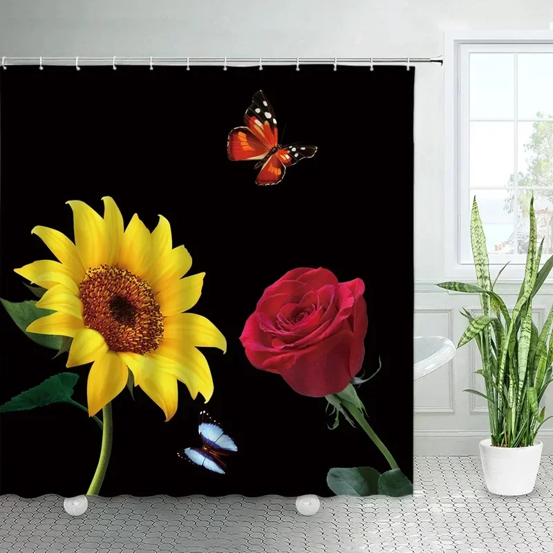 

Natural Flowers Shower Curtains Butterfly Lotus Tulip Sunflower Rose Rural Floral Print Fabric Bathroom Curtain Decor Sets XT6@！
