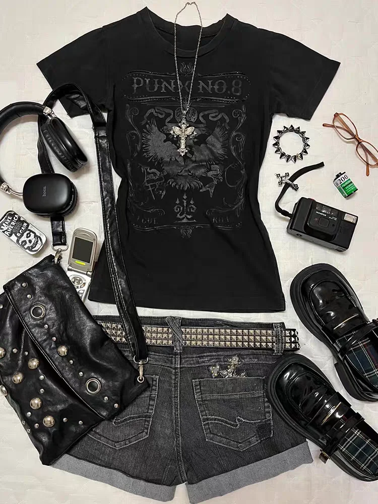 

American T-shirt Goth Y2k Clothes Punk Letter Print Vintage Short Sleeve Slim Crop Top Harajuku Summer 2000s Grunge Tee Emo Sexy
