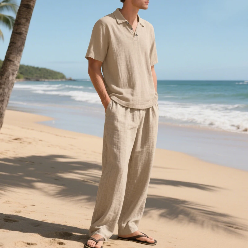 Summer Beach Casual Linen Outfits Men Vintage Button Short Sleeve Polo Shirt And Pants Men's Two Pieces Sets Fashion Loose Suits