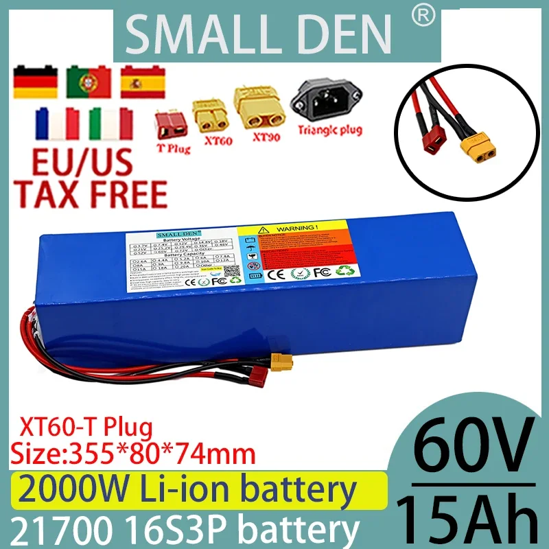 New60V 15Ah 16S3P 21700 lithium battery pack 0-2000W high-power built-in 30A BMS 67.2V battery off-road vehicle electric vehicle