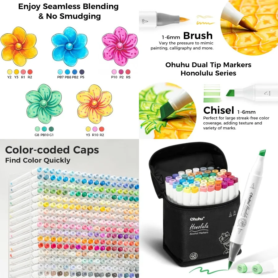 

Ohuhu Alcohol Markers Brush Tip: 48-Color Double Tipped Art Marker Set for Artist Adults Coloring Illustrations - Honolulu - Br
