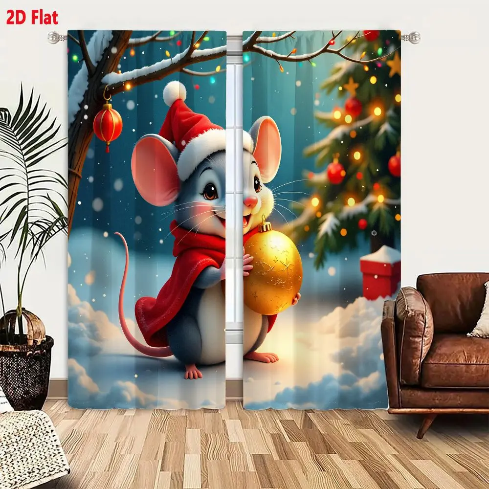 2Pcs Curtains 2D Flat Cartoon Gray Mouse In Red Santa Hat Holding Golden Ornament Snowy Christmas Scene With Festive Tree Gift B