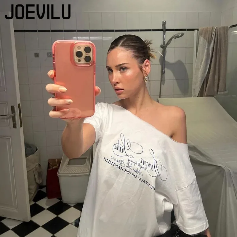 

JOEVILU One Shoulder Graphic T Shirts Letter Print Oversized White Tops Summer Casual Fashion Women Clothes Y2k T-shirts 2025
