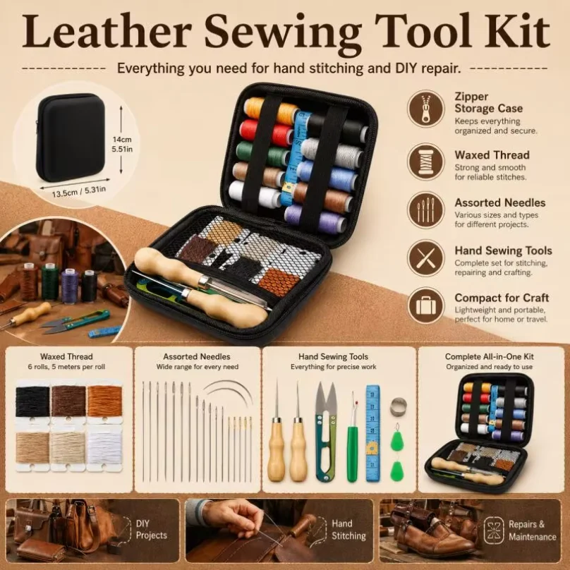 

Leather Craft Sewing Kit Waxed Thread, Hand Quilting Needles, Sewing Awl Beginner Stitching & Repair Set