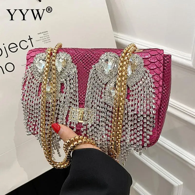 Newly Snakeskin Pattern Leather Women Clutch Handbag Bling Glitter Rhinestone Tassel Party Evening Messenger Purse Shoulder Bag