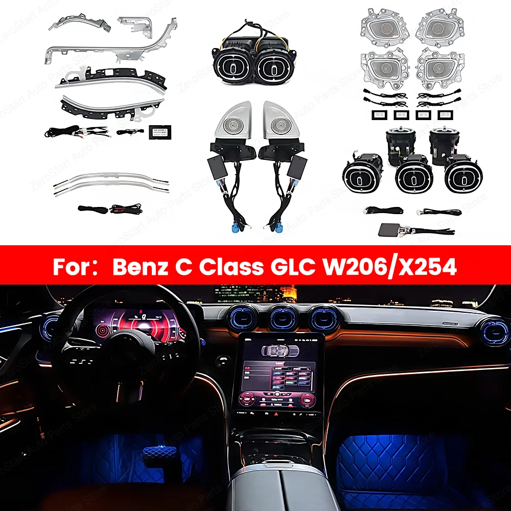 

Car 64 Color Ambient light for Mercedes Benz W206 X254 GLC C-class LED Air Vents Door Handles Lamp Interior 4D Rotating Tweeter