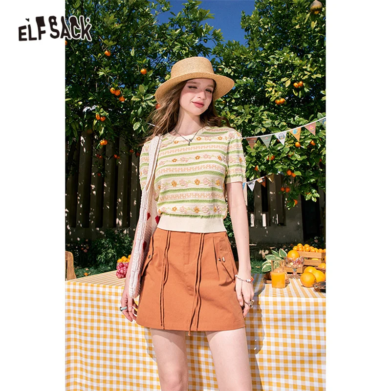 ELFSACK 2024 summer new arrival Orange A-line high waist slimming workwear American style drawstring skirt for women