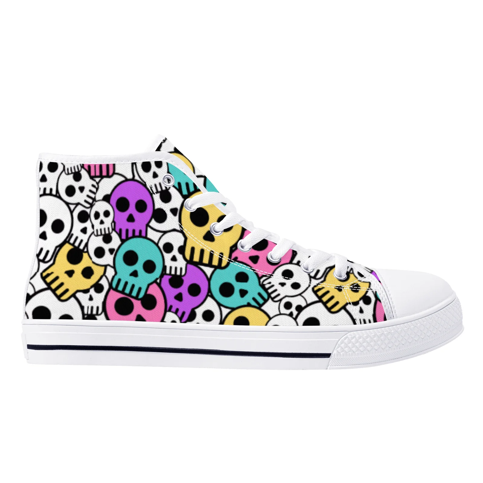 

White street style colorful skull print high-top canvas shoes flat sneakers for men and women lightweight casual shoes