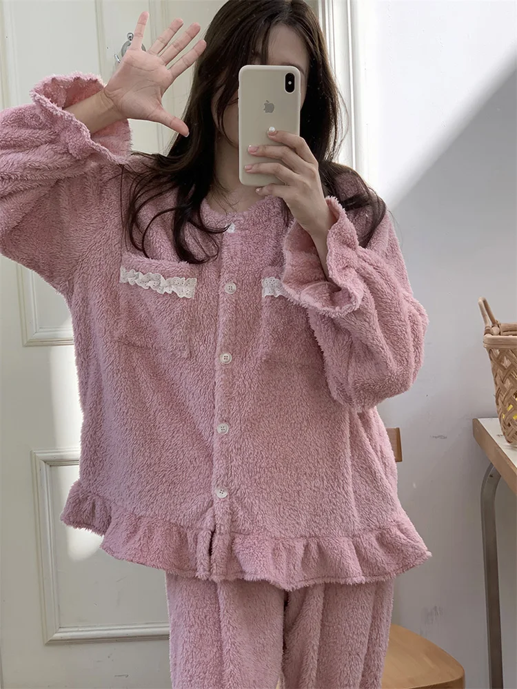 Home New Warm Thicken Solid Simple Sweet Winter Long Sleeve Cardigan Pajama Set Women Kawaii Loose Casual Comfortable Sleepwear