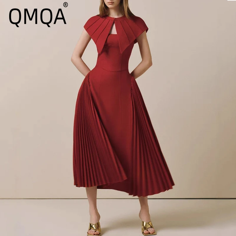 QMQA موضة المرأة 2 قطعة مجموعة شال زلة مطوي المرقعة سليم بلون فستان الحفلات المسائية مجموعات 2025 ملابس جديدة QM544