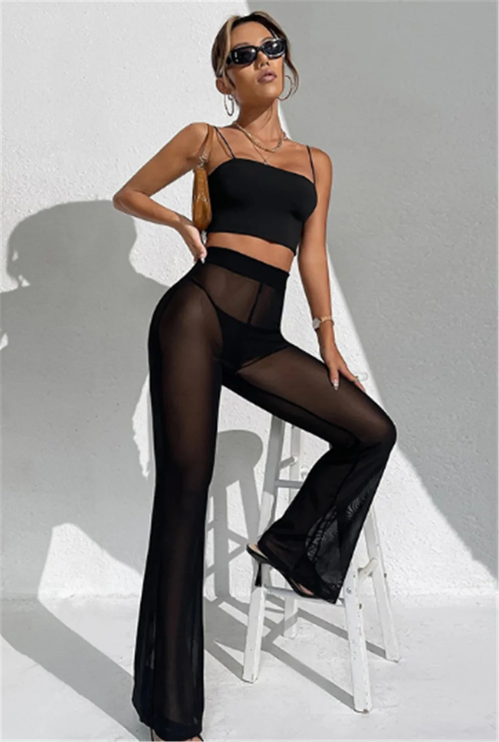 Women\'s Sexy See Through Sheer Mesh Pants Flare Leggings Bell Bottom  Casual Dance Tights Concert  Party Club Night long Tall