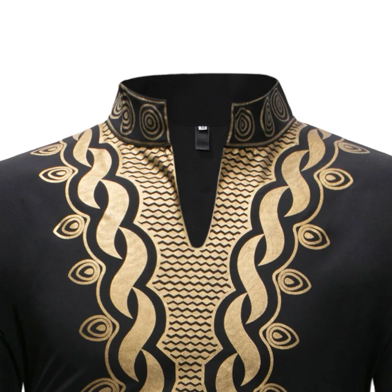 Camisa de longitud media para hombre, ropa musulmana, cuello de pie, estampado dorado, Oriente Medio, Dubai, Arabia Saudita, Islam, negro