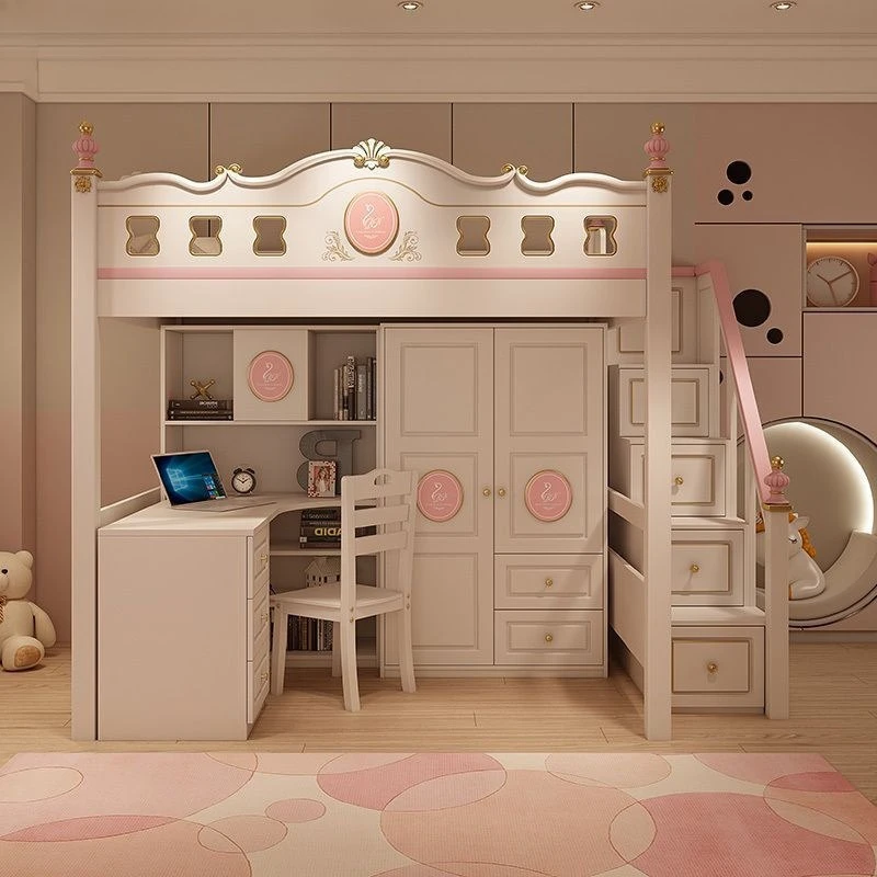 Desk integrated bed under table dormitory bed elevated bed small apartment with wardrobe bookcase multi-function