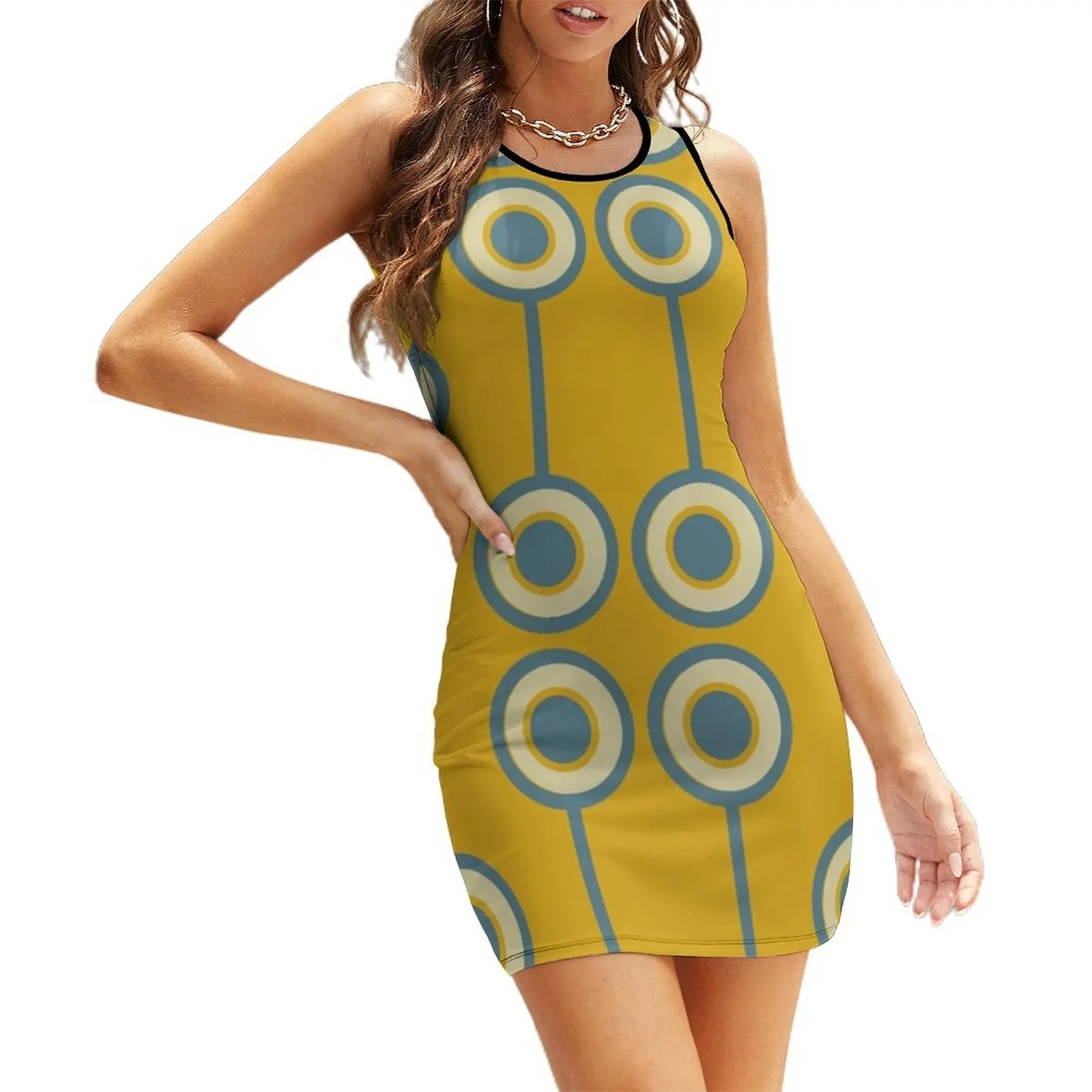 

60s Vintage Retro Groovy Hippie Circle Classic Mustard Yellow Pale Teal Sleeveless Sundress elegant guest wedding dress