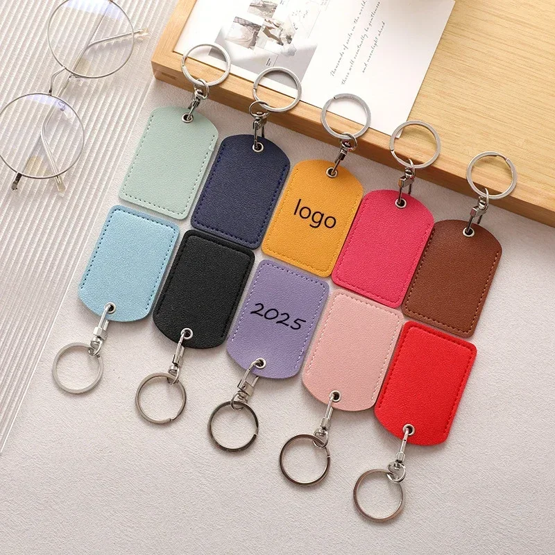 Customized LOGO rectangle Card case leather Keychain Blank Laser Engrave name keyring Personalized Key Chains Protection Cover