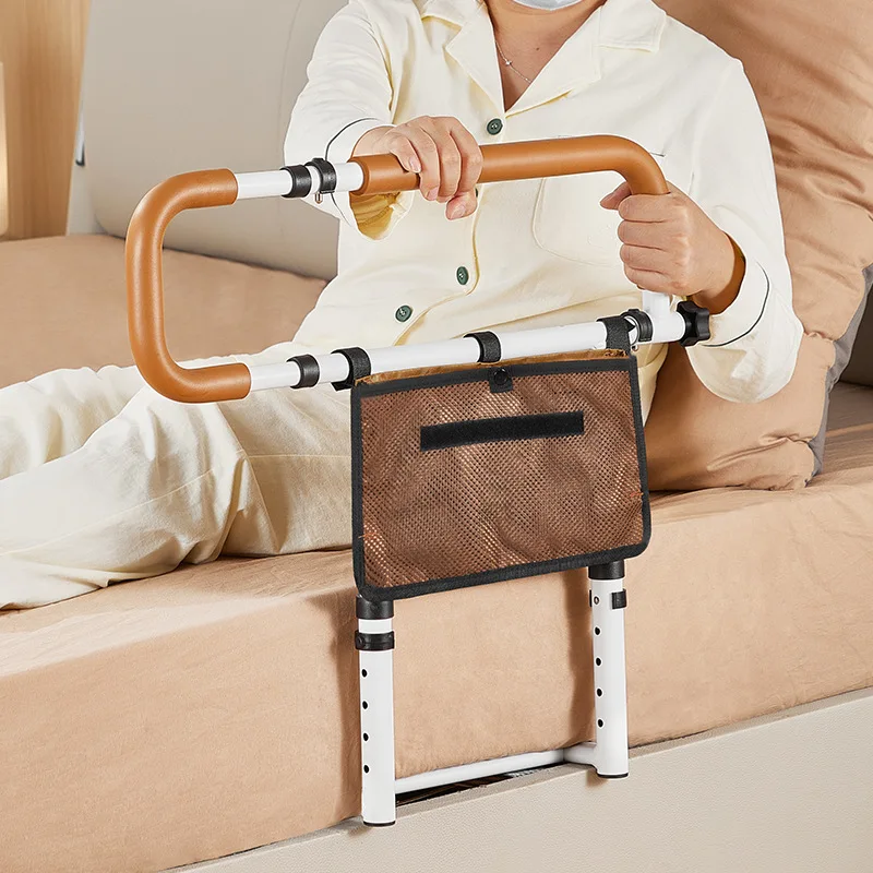 ที่จับช่วยพยุงข้างเตียงแบบปรับได้ - ที่วางแขนกันลื่นแบบกว้างพร้อมกระเป๋าเก็บของ ราวจับป้องกันการล้มสำหรับผู้สูงอายุและผู้พิการ