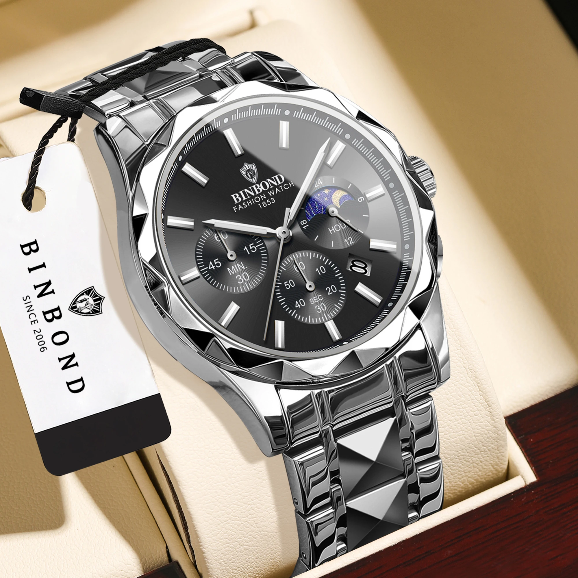 BINBOND Men Quartz Watch,6‑Hands Multi‑Function Tungsten Steel Wristwatch,Butterfly Clasp Dual Calendar Waterproof Male Watch