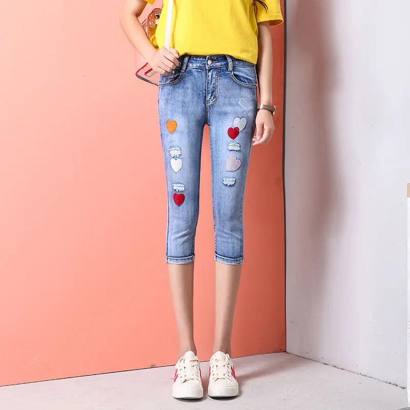 

2024 Summer Embroidery Denim Capris Pants Women High Waist Skinny Jeans Woman Tight Elasticity Stretch Pencil Calf-Length Pants