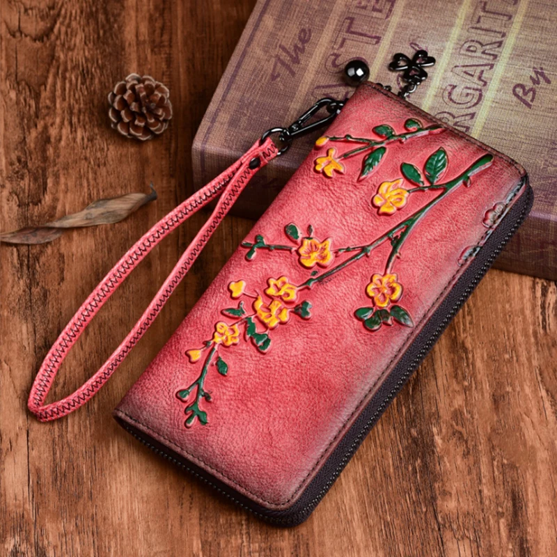 Billeteras Vintage con relieve para mujer, cartera larga con cremallera, monedero, tarjetero, bolso de mano de cuero genuino