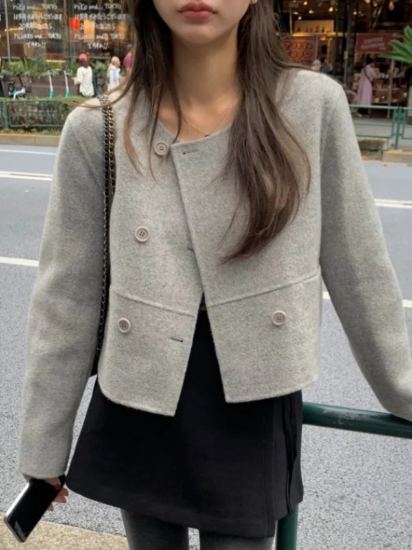 

Women's round Ne Woolen Coat Long Sve Double Breasted Faionable Autumn Winter Design Sense Unique Sle Top