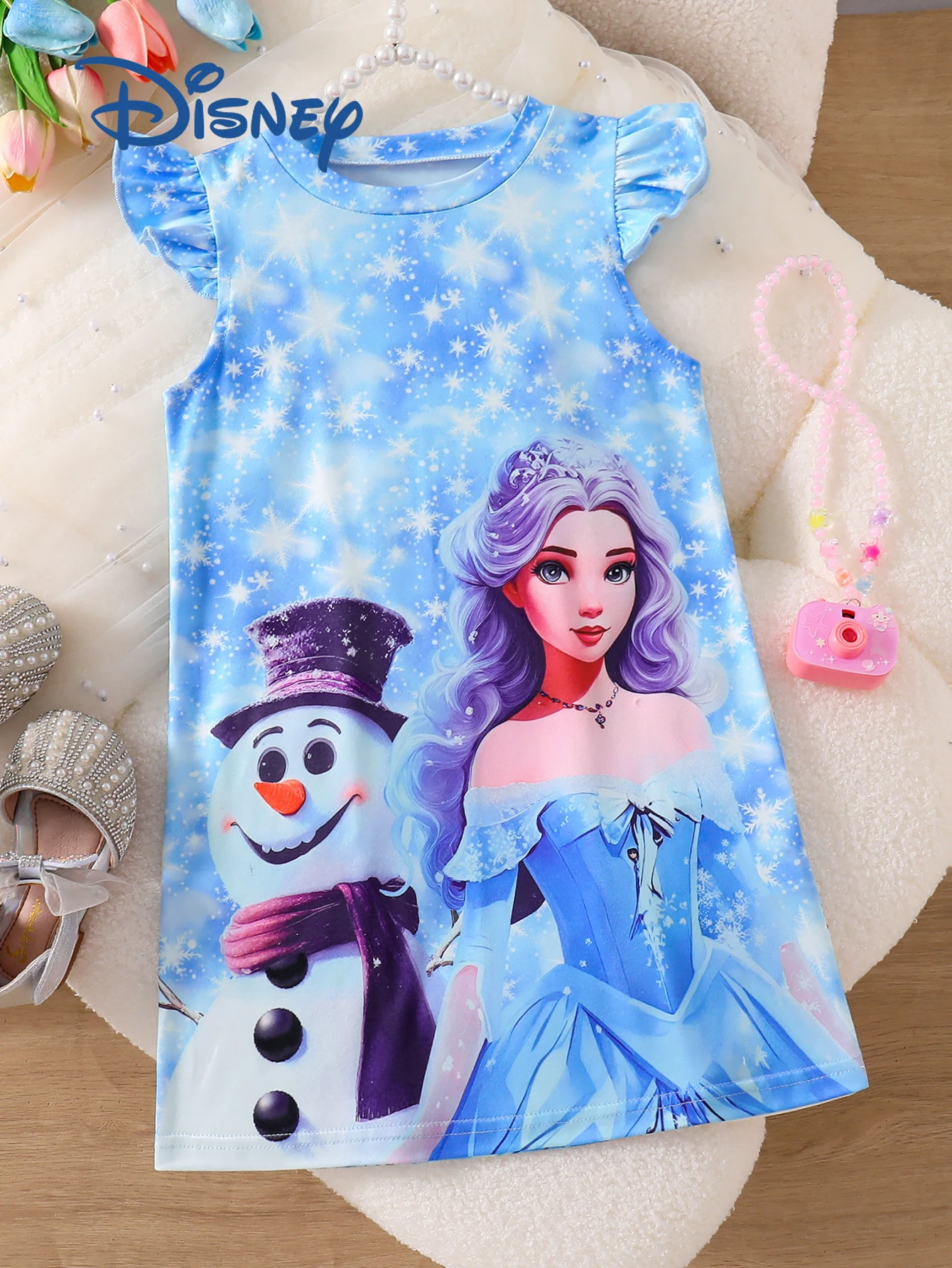 

[Disney Frozen Style] Girls' Summer Flutter Sleeve Dress Princess Snowman Ice and Snow All-Over Print Fresh Blue Snowflake Background Comfortable Breathable Sweet Children's Clothing