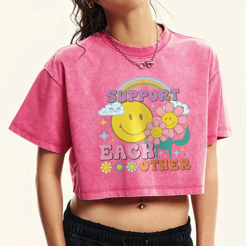 Support Each Other Rainbow Flowers Printing Washed T-Shirt Women Summer Cotton Tops Fashion Fitness Tee Shirts All-Match T Shirt