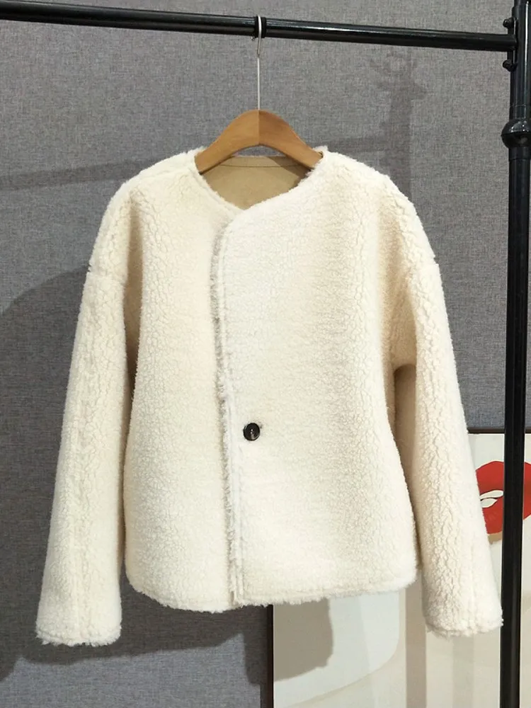 Gran oferta de invierno, abrigo de lana Reversible para mujer, abrigo informal de piel de oveja auténtica, chaqueta con solapa de un solo botón, ropa de abrigo gruesa y cálida holgada