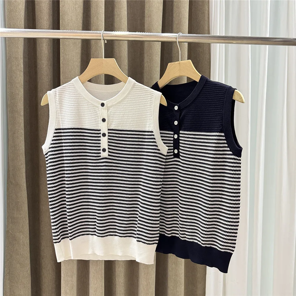 

Summer Thin Ladies Knitted Sleeveless Vest Color-Blocked Stripes Tank Top