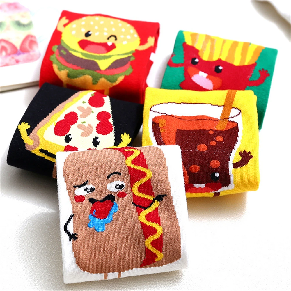 New Funny Happy Cartoon Foods Pizza Fries Hamburger Cola Hot Dog Short Socks Novel Gift Dropship