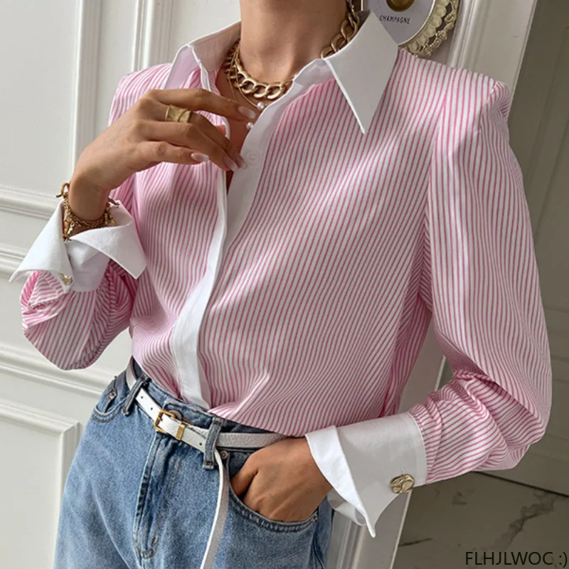 Cotton Blends Stripe Shirts Chic Korea Top 2024 FLHJLWOC Autumn Long Sleeve Office Lady Basic Retro Vintage Button Basic Shirt