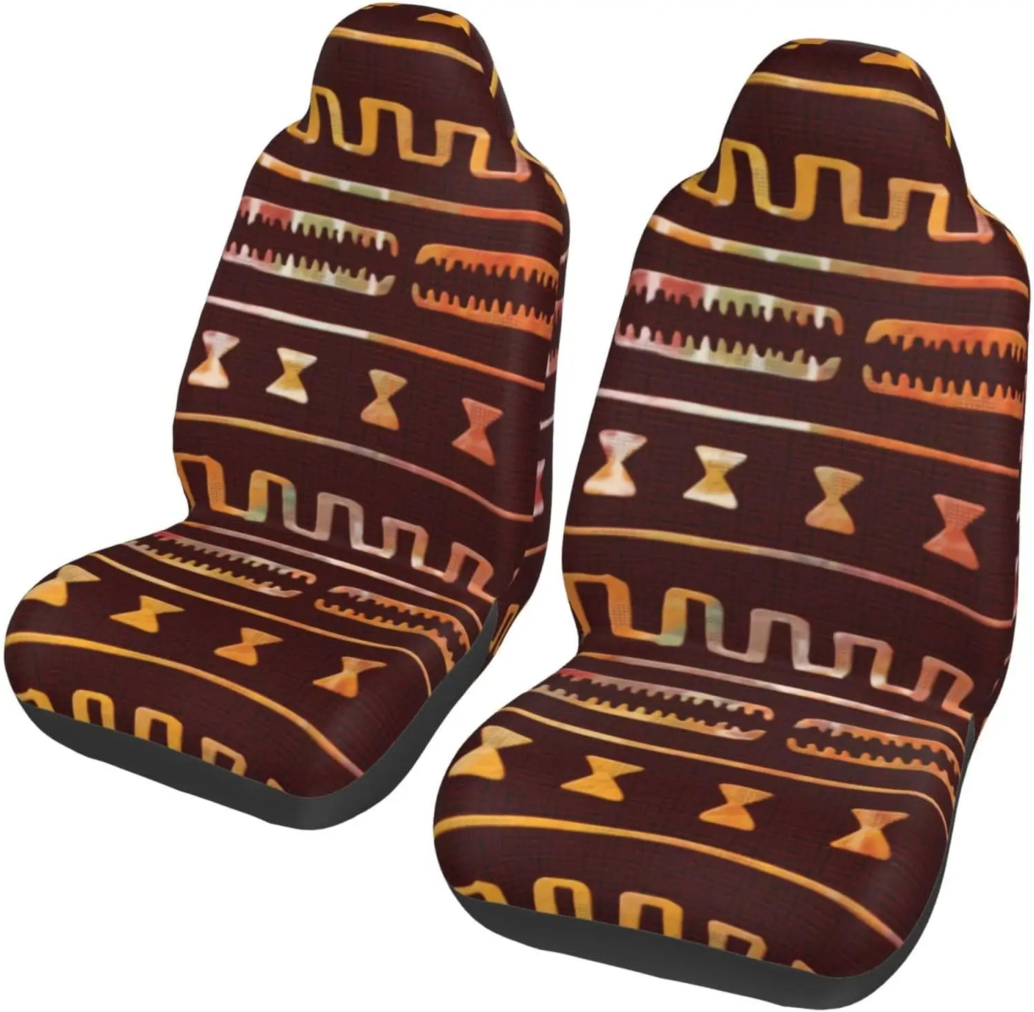 Afrocentric Tribal Motif Pattern 2-Piece   Seat Cover Complete Set - Elastic Seat Protection Cover for Cars, Trucks