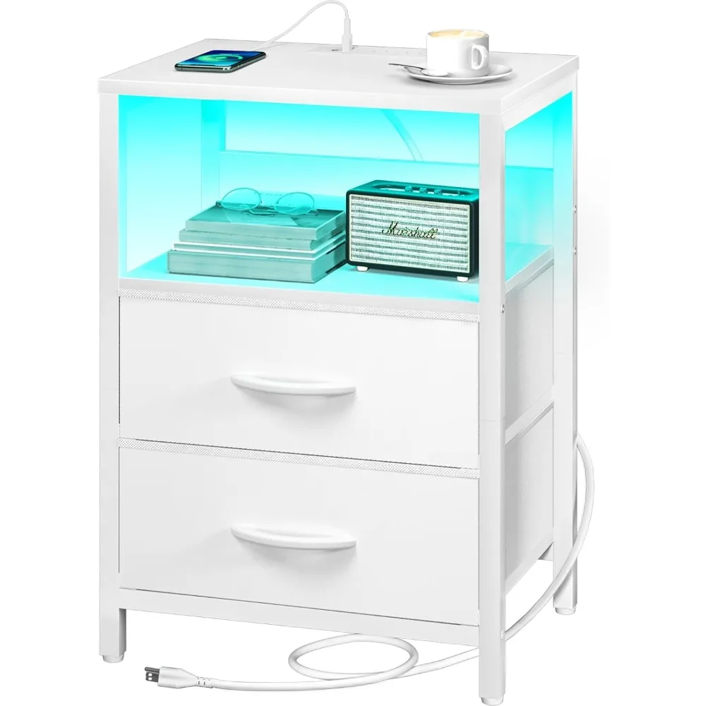 

Bedroom LED Nightstand with Fabric Drawers, Charging Station, and Storage Shelf